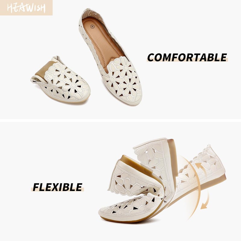 HEAWISH Women's Floral Ballet Flats for Women Black Beige Slip On Flowers PU Leather Round Toe Dress Shoes(Beige,US7) - Image 3